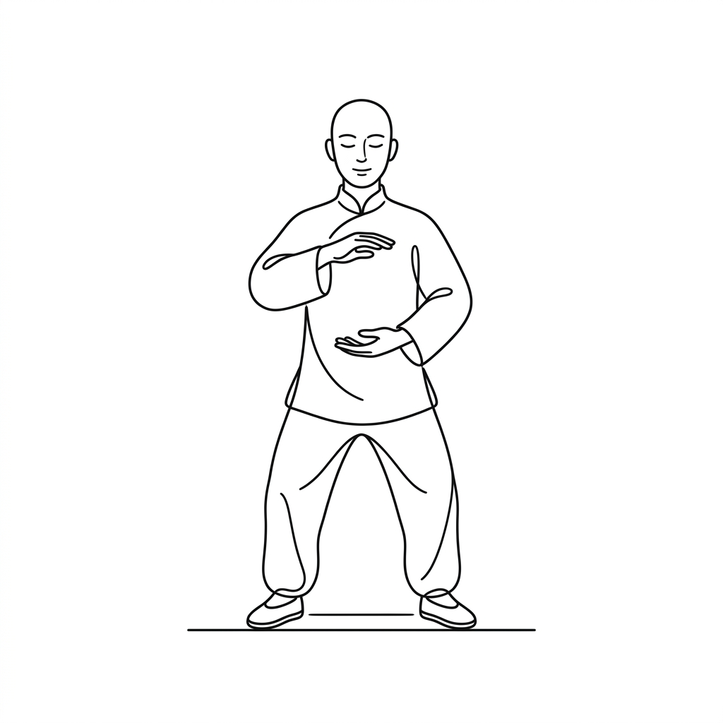 Person in traditional clothing performing a Tai Chi meditation pose with hands held in front.